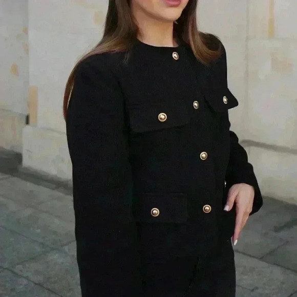 Black Elegant Women's Casual Tweed Jacket Decorated Long Sleeve Coat - Picture 4 of 8